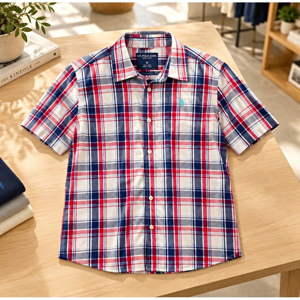 U.S. Polo Assn. Plaid Button-Up Shirt 2XL Short Sleeve Pockets White Red Blue